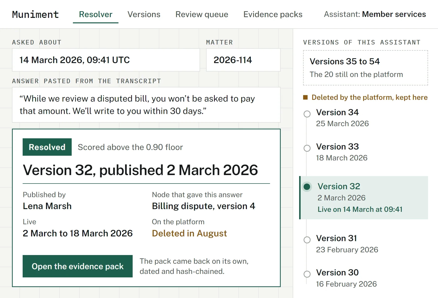 The resolver turns a date and a pasted answer into version 32, published 2 March 2026, and its Billing dispute node, marked on the version timeline