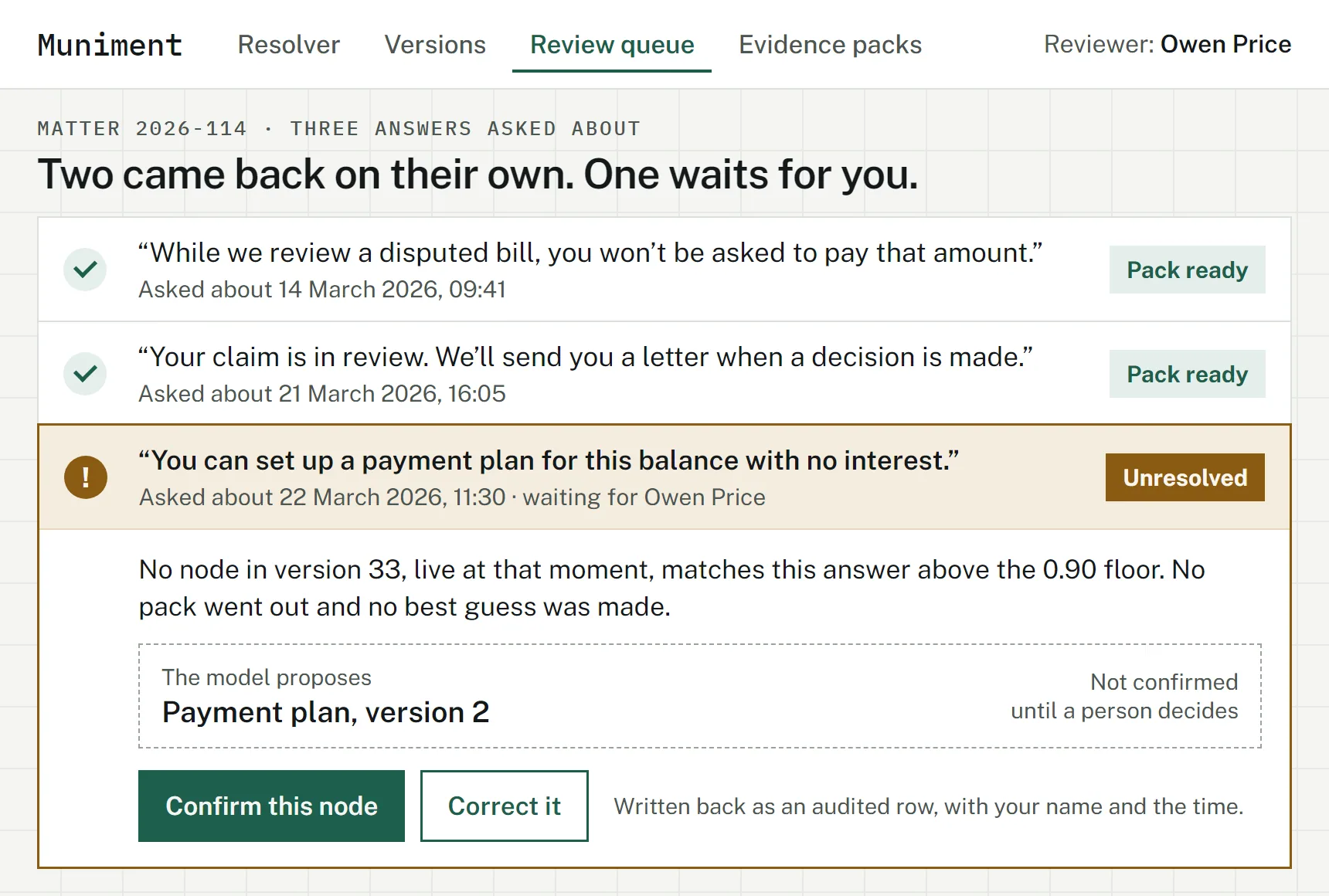 The review queue for one matter: two answers came back with a pack on their own, and one is unresolved, waiting for a named reviewer to decide